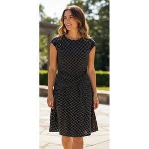 En Focus Petite Navy Blue White Polka Dot Cap Sleeve Ruched Sheath Dress 14P